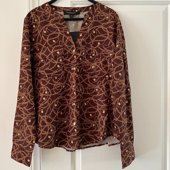 Marc New York Women's Brown Gold Chain Print Button Up Sleeve Blouse Top, Size M - Picture 1 of 11
